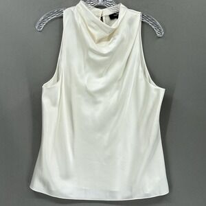 Theory Blouse Womens Large White Cowl Neck Sleeveless Satin Keyhole Top Formal
